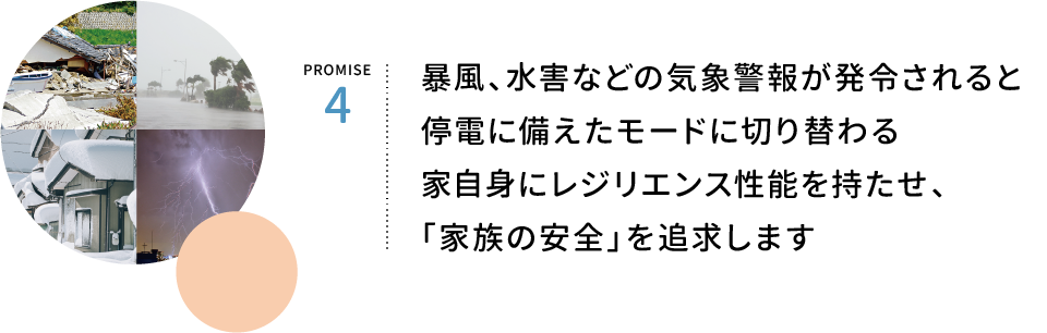 PROMISE4.気象警報が発令されると暴風、水害など停電に備えたモードにスイッチ。レジリエンス性能を持たせ、自然災害、健康被害に強く「家族の安全」を追求します。